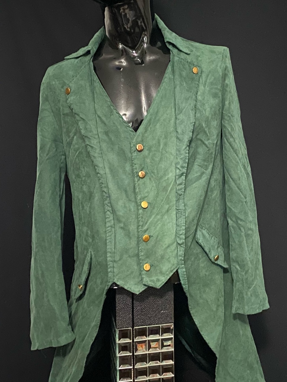 Green Suede Tailcoat Jacket with Gold Buttons